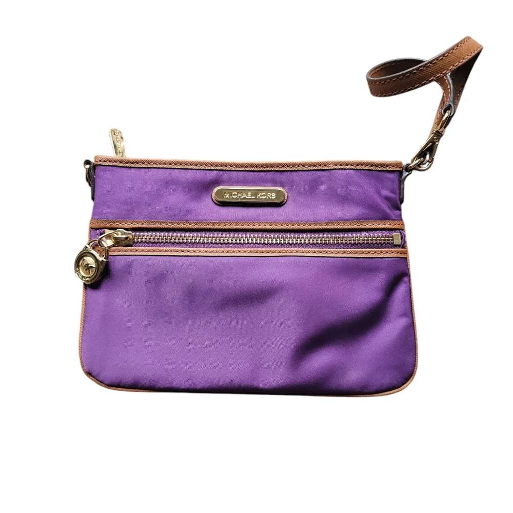 MICHAEL KORS Purple Brown leather‎ logo lock charm pouch/ mini hand bag